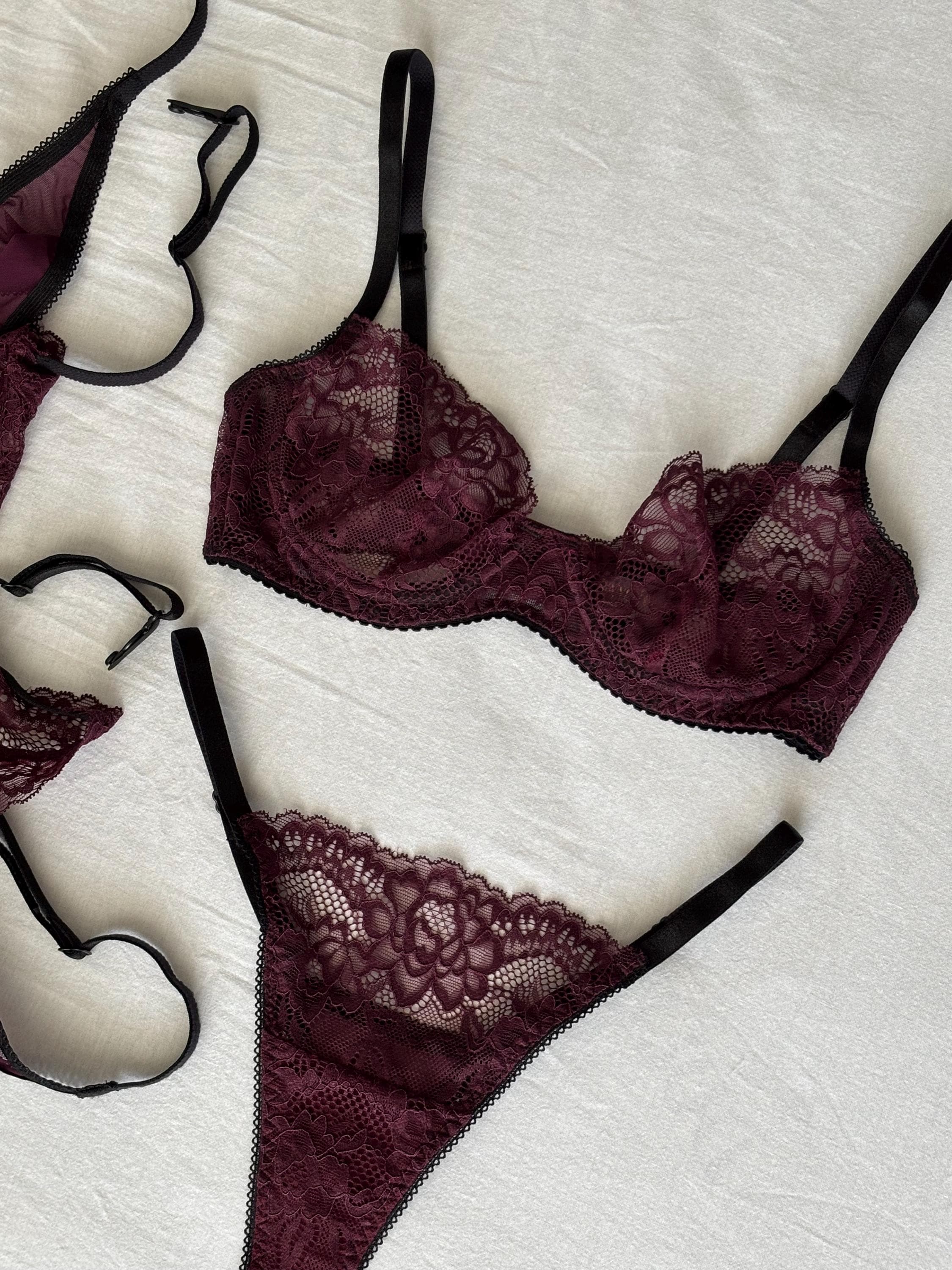 Completo Intimo Reggicalze Donna - 3 Pezzi, Reggiseno E Perizoma (Vino, S) - Foto 3