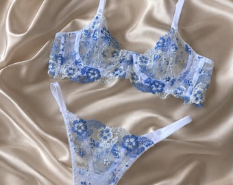 Blue Floral Lace Lingerie Set, Sheer Embroidered Underwear, Romantic Blue Mesh Lingerie, Elegant Bridal Lingerie, Feminine Lace Set