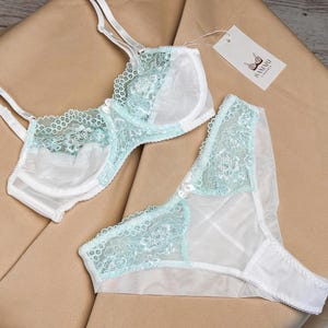 Mint bra and panty, white lace underwear, floral lace lingerie, mesh bra and panty, mint green lingerie, underwear women set, white lingerie
