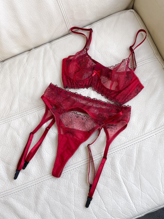 Burgundy Lace Lingerie, Red Bra Panty Set, Bordo Lingerie Set, Lace Garter  Belt Set, Red Lingerie Set, Red Underwear, Floral Embroidery - Etsy