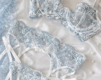 Blue Bridal Lingerie Set | Something Blue Wedding Lingerie | Bride Lace Underwear Set | Honeymoon Lingerie | Romantic Lace Bra Set