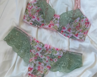 Komplet bielizny z koronki kwiatowej – romantyczny zielono-różowy biustonosz i majtki, miękka siateczkowa bielizna, kobieca koronkowa bielizna, zestaw prezentowy dla panny młodej