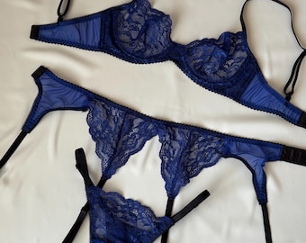 Elegante conjunto de ropa interior azul, conjunto de lencería de encaje azul, lencería con liguero floral, seductora lencería de encaje azul, ropa interior sexy para mujer