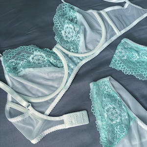 Mint lingerie set, white lace lingerie, bra and panty set, mint green lingerie, floral embroidery, see thru underwear, white mesh lingerie