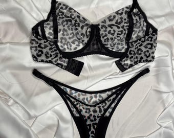 Black leopard lingerie, animal lingerie set, leopard black underwear, black bra panty set, animal print thong, leopard print mesh lingerie