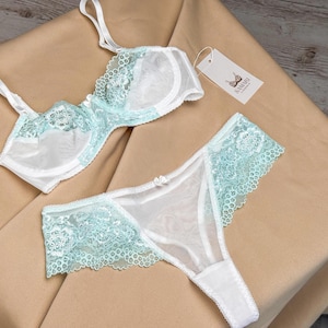 Mint mesh underwear set, sheer bra and panty, mint lace set underwear, white mesh lingerie, mint green lingerie, white lace underwear