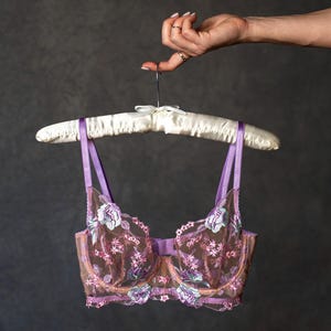 Purple floral lace lingerie, purple sheer bra, purple lingerie, flower embroidered, bra and panty set, purple panties, floral lingerie set