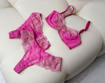 Pink floral lingerie, pink bra panty set, flower embroidered, sheer pink lingerie, pink bra and panties, lace set lingerie, woman underwear