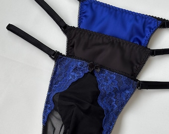 Men’s blue & black lace thong panties, satin mesh men lingerie, sheer silk underwear for men, gift for him