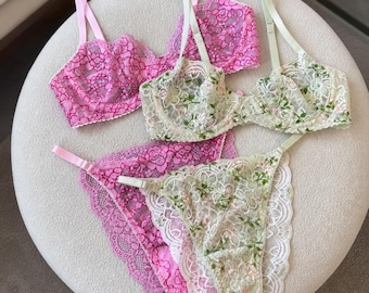 Floral Lace Lingerie Set, Pink Lace Bra and Panty Set, Green Floral Underwear, Sheer Romantic Lingerie, Soft Feminine Intimates