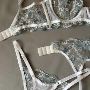 White bridal set, blue sheer bralette, underwear for bride, white lace bra, flower embroidered, bridal underwear, floral light blue lingerie