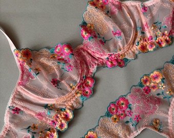 Pink lace lingerie, pink sheer underwear, garter belt lingerie, pink lace bra and thong, floral embroidery lingerie, pink flower underwear