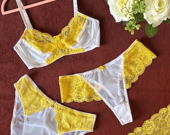 Yellow floral lingerie set, lace bra and panty, cotton white lingerie set, yellow lace lingerie, embroidered bra set, sheer white lingerie