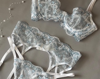 Floral Unterwäsche, blau gestickte Dessous, weiße Dessous-Set, blaue Spitzen Dessous, BH und Höschen Set, geblümten BH, Valentinstag Geschenk
