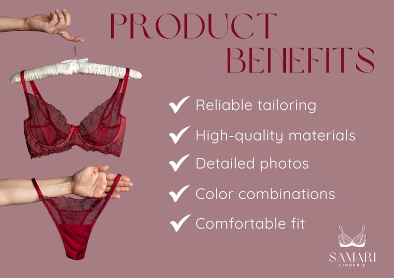 K&ouml;nnte beinhalten: Ein rotes Dessous-Set, bestehend aus BH und String, wird vor einem mauvefarbenen Hintergrund gezeigt. Der BH h&auml;ngt an einem Kleiderb&uuml;gel, und der String wird gehalten. Der Text lautet "PRODUKTVORTEILE" und listet Merkmale wie "Zuverl&auml;ssige Schneiderei" und "Bequeme Passform" auf.