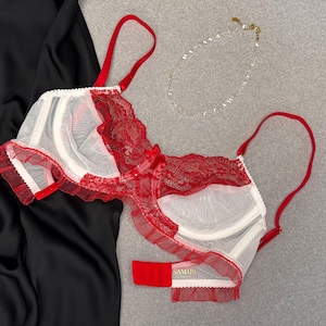 Red mesh bra and panty, floral underwear, white mesh lingerie, see thru underwear, red lingerie set, see thru underwear, sheer red bra panty
