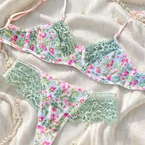 Floral Lace Lingerie Set, Green Pink Sheer Bra and Panty Set, Romantic Flower Underwear, Feminine Mesh Lingerie, Soft Lace Gift for Her