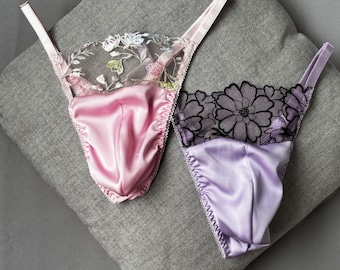 Lavendel en roze satijnen string voor heren, geborduurde string met bloemenkant sexy doorschijnend slipje, luxe lingerie, nachtkleding travestie, cadeau voor hem