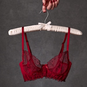 Red sheer lace lingerie set, floral embroidered bra thong, bra and panty set, Valentines day gift, garter belt lingerie, seethrough lingerie