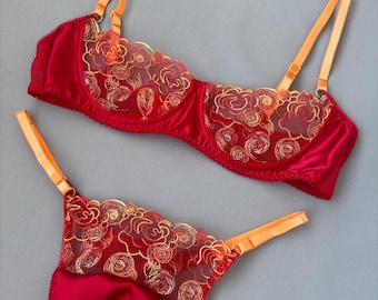 Czerwony i złoty komplet bielizny koronkowej dla mężczyzn – elegancki biustonosz z siateczki i stringi, bielizna w kobiecym stylu, egzotyczny dwuczęściowy komplet