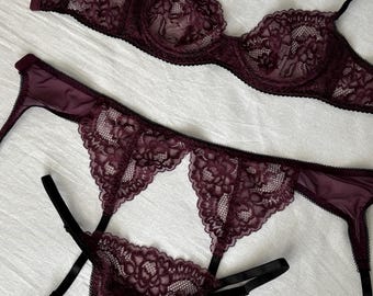 Lace plum lingerie set, bra and pantie set, burgundy lingerie, flower embroidered, embroidered bra set, plum lingerie, lace bra panty set