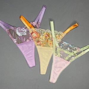 Floral lace thong set, sheer lace panty, embroidered thong, thong lingerie set, lace underwear, floral print thong, see through thong