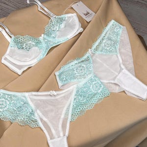 Mint bra and panty set, soft mesh underwear, mint green lingerie, mesh lingerie set, green bra panty set, white floral mesh lingerie