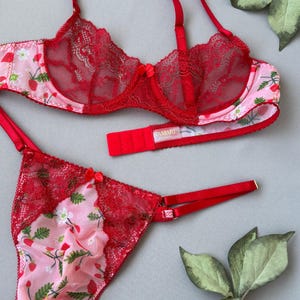 Men's Red Floral Lace Lingerie Set, Cute Male Sissy Femboy Underwear with Berry, Handmade Lace Satin Bra Panty