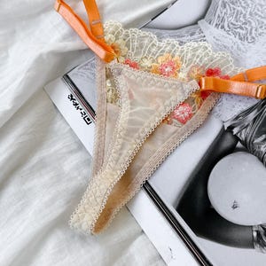 Lace thong underwear, flower lace thong, colorful panty set, floral print thong, see through panty, lace floral thong, embroidery underwear