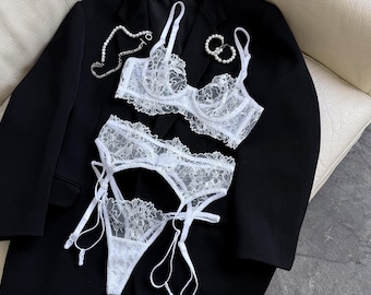 Weiße Unterwäsche Braut, weißes Dessous-Set, Spitzenstrumpfband, weiße Spitzenwäsche, Unterwäsche Braut, weiße Blumenstickerei, Strumpfband weiß