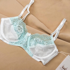 Mint mesh lingerie, white bride underwear, bra and pantie set, mint lingerie set, soft mesh underwear, white lace lingerie, floral underwear