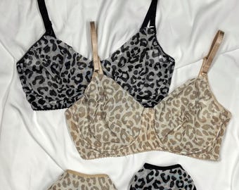 Black and beige leopard lingerie set, animal print underwear, bra and panty set, seethrough lingerie, cotton underwear, custom lingerie gift