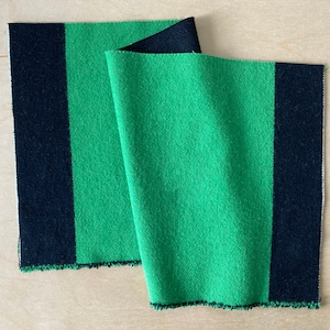 Puede incluir: Una bufanda de rayas verdes y negras con borde de flecos.