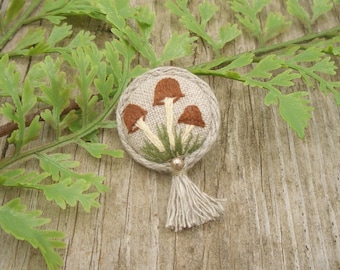 Hand embroidered fairy mushroom button brooch pin, wild brown toadstool mushrooms