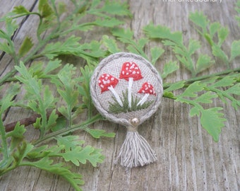 Hand embroidered fairy mushroom brooch, button pin with tassel