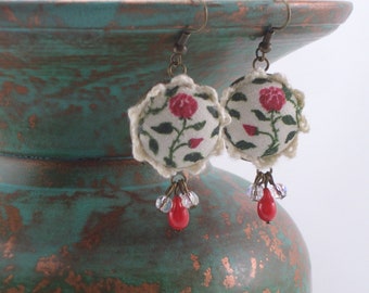 Handpainted earrings, red rose dangle button style earrings with handcrochet edge and coral beads