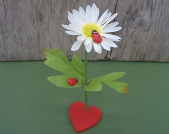 Daisy flower desk decor with red heart and ladybugs, handmade small gift