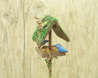 Fairy garden flower pot decor miniature bird feeder, handmade for indoor faerie garden or gift giving