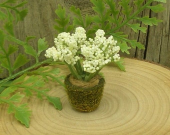 Miniature flower pot with white artificial flower shrub, fairy garden or dollhouse accessory