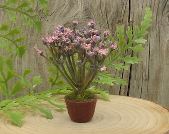 Fairy garden flower pot with artificial pink flower shrub, dollhouse miniatures
