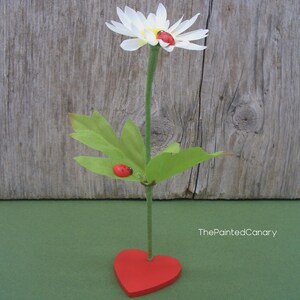 Daisy flower desk decor with red heart and ladybugs, handmade small gift image 2