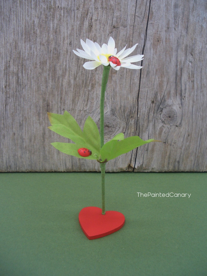 Daisy flower desk decor with red heart and ladybugs, handmade small gift image 2