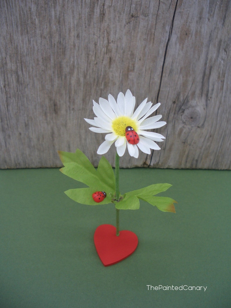 Daisy flower desk decor with red heart and ladybugs, handmade small gift image 1