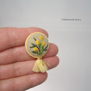 Dandelion hand embroidered button brooch pin, handmade wildflower jewelry image 1