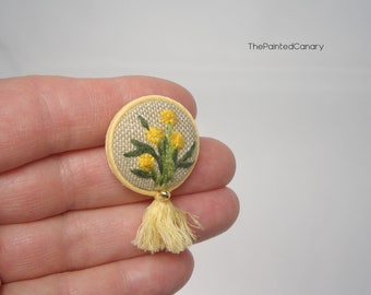 Dandelion hand embroidered button brooch pin, handmade wildflower jewelry