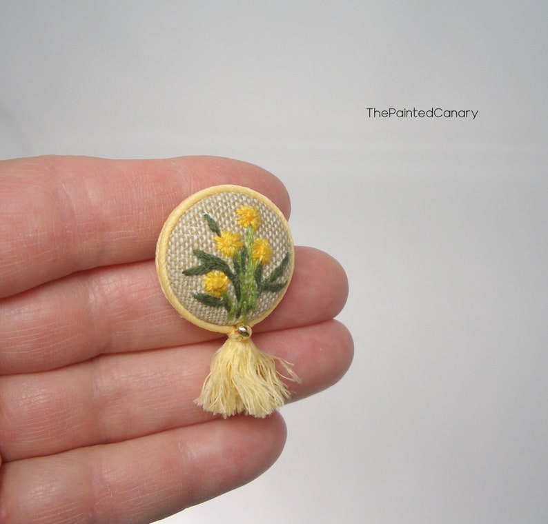 Dandelion hand embroidered button brooch pin, handmade wildflower jewelry image 1