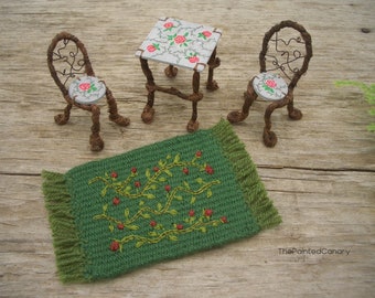 Handmade fairy table and chairs set with optional rug, miniatures, dollhouse furniture