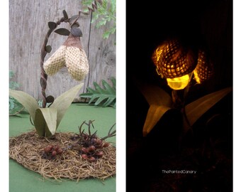 Lighted fairy lantern for faerie garden miniature display, burlap flower lamp shade