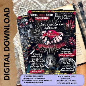 Könnte beinhalten: Digitaler Download eines Buchcovers mit dem Text "WE'LL BURN GOOD TOGETHER". Das Artwork zeigt eine Hand, die einen Apfel hält, einen Schädel und Zitate. Das Design ist dunkel mit roten und schwarzen Akzenten.