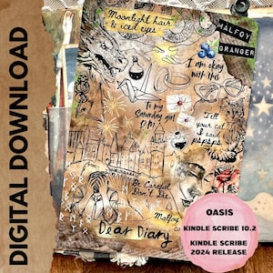 May include: Digital download of a Dear Diary design with illustrations and text. The design includes a dragon, castle, and various handwritten phrases like "Moonlight hair & iced eyes" and "Be Careful. Don't Die."